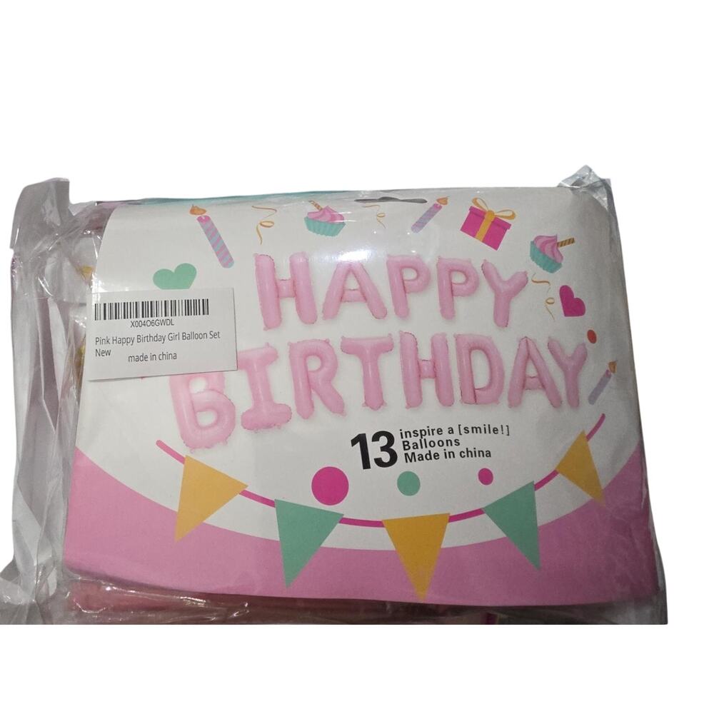 House of Jays Pink Happy Birthday Foil Balloon Banner 13 Piece Party Decor – New